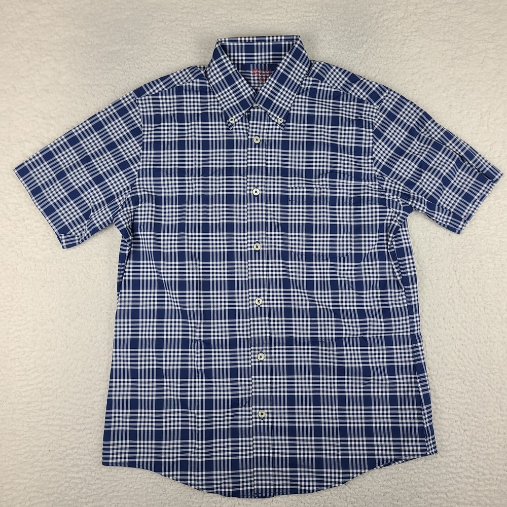 Brooks Brothers Shirt Mens Medium Navy Blue Plaid Casual Hawaiian Button Up *